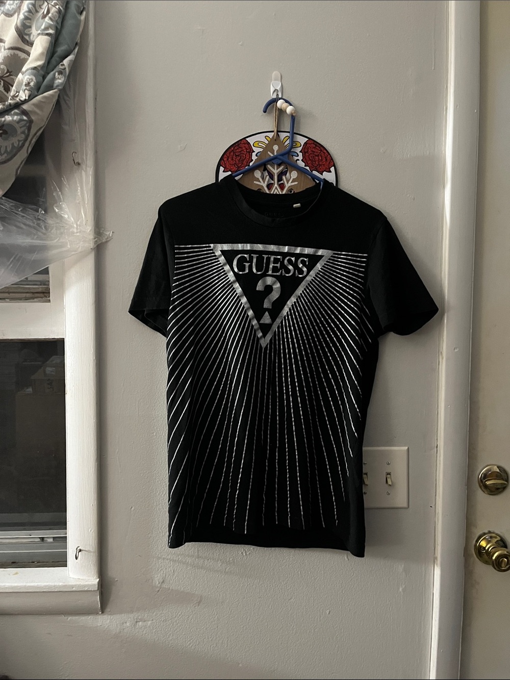 Guess Black Short-Sleeve Tee with Silver Radiant Triangle Logo